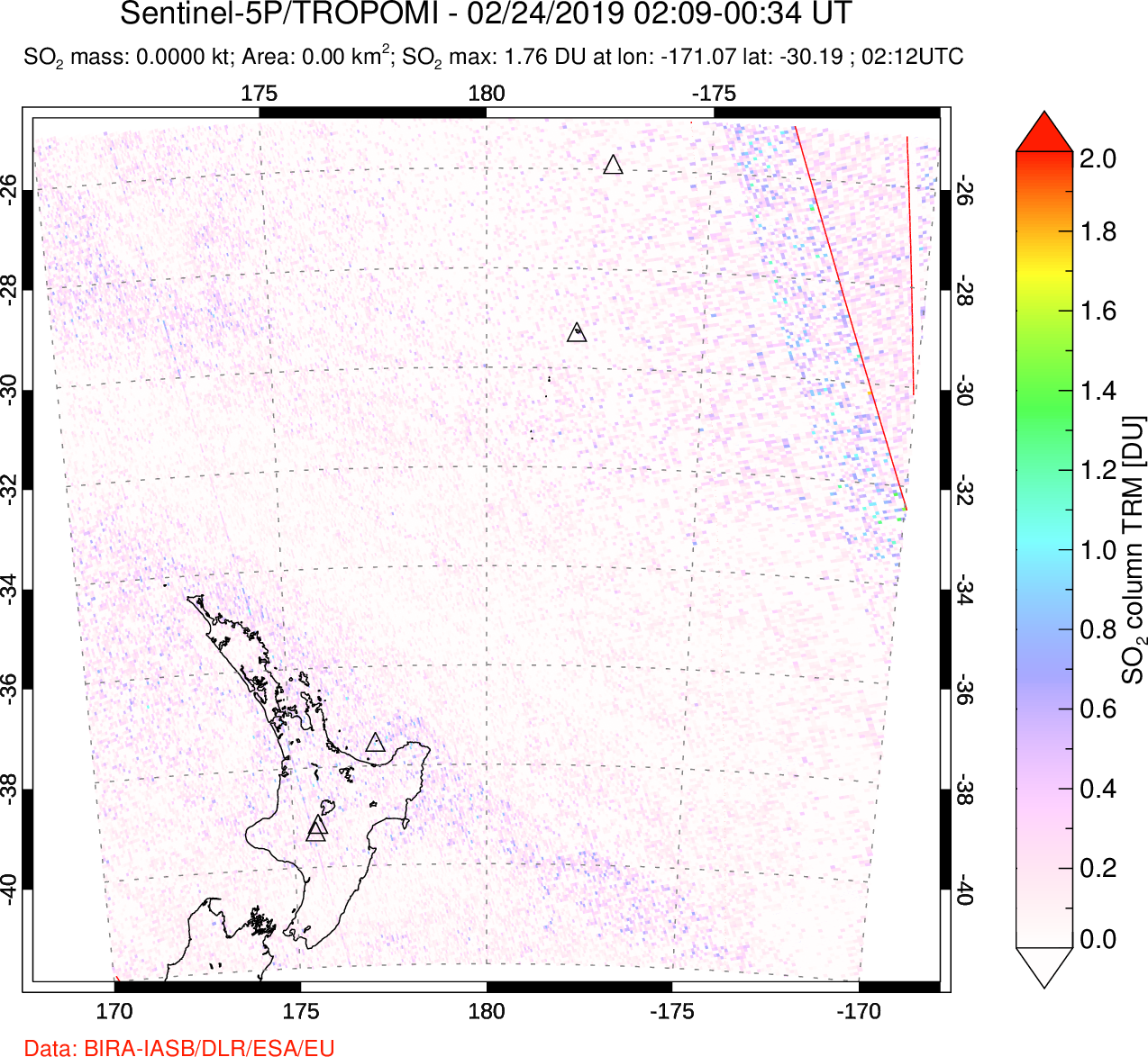 A sulfur dioxide image over New Zealand on Feb 24, 2019.