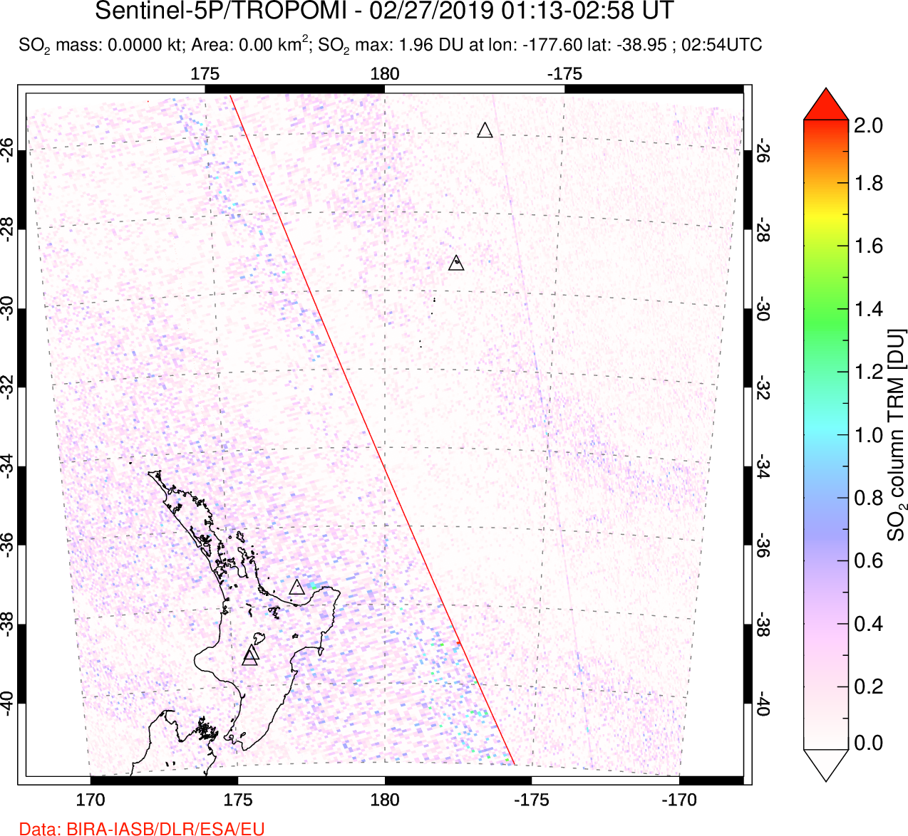 A sulfur dioxide image over New Zealand on Feb 27, 2019.
