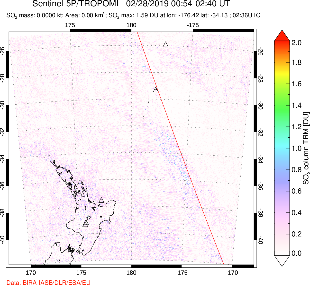 A sulfur dioxide image over New Zealand on Feb 28, 2019.