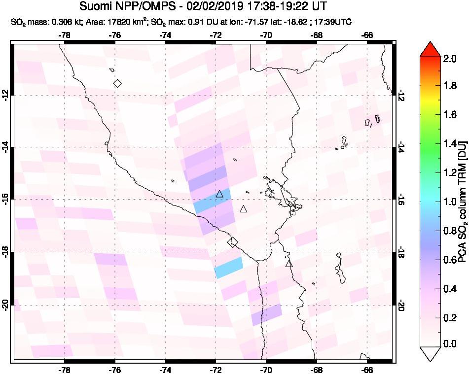 A sulfur dioxide image over Peru on Feb 02, 2019.