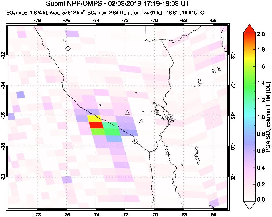 A sulfur dioxide image over Peru on Feb 03, 2019.
