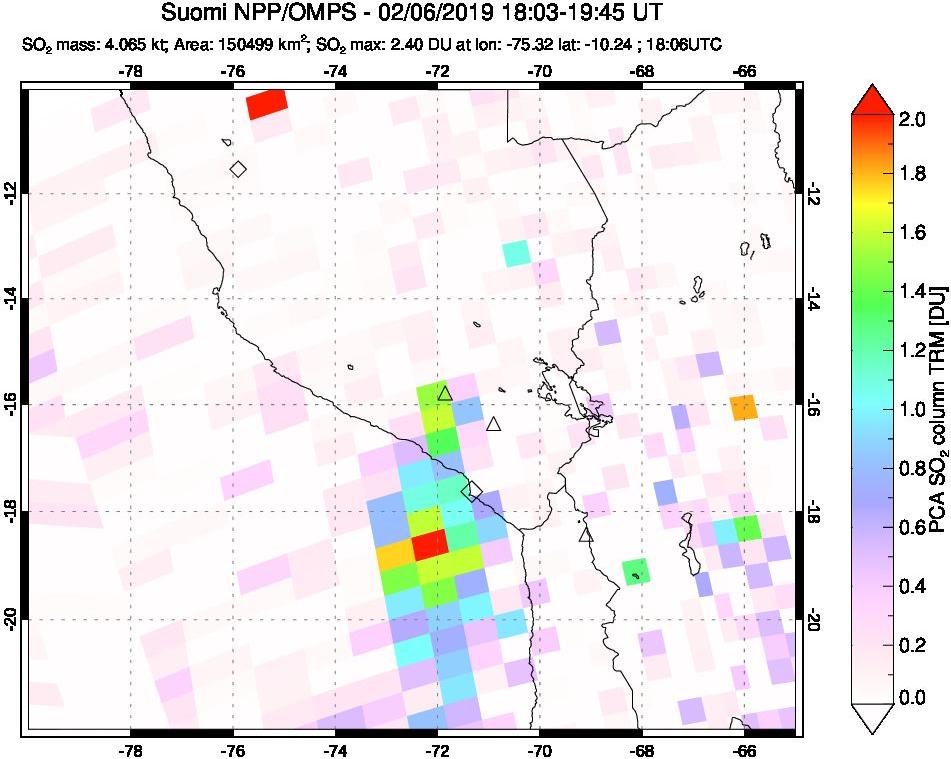 A sulfur dioxide image over Peru on Feb 06, 2019.