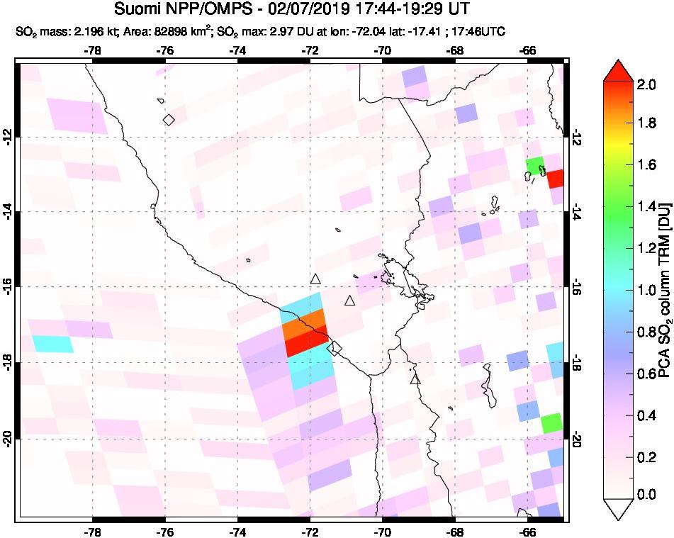 A sulfur dioxide image over Peru on Feb 07, 2019.