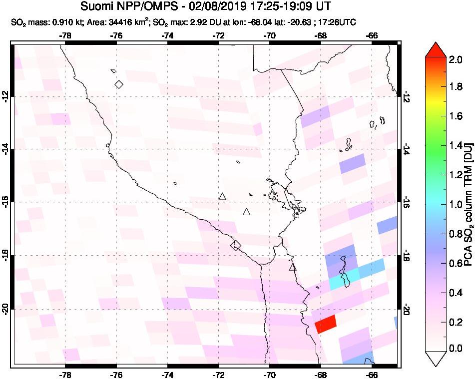 A sulfur dioxide image over Peru on Feb 08, 2019.