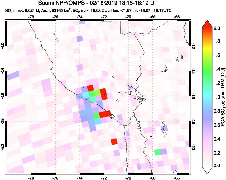 A sulfur dioxide image over Peru on Feb 16, 2019.