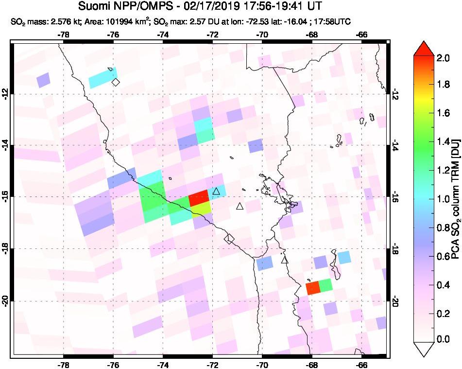 A sulfur dioxide image over Peru on Feb 17, 2019.