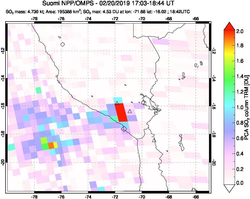 A sulfur dioxide image over Peru on Feb 20, 2019.
