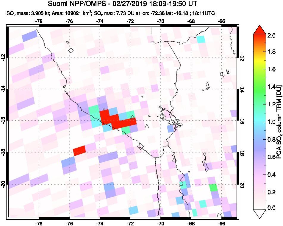 A sulfur dioxide image over Peru on Feb 27, 2019.