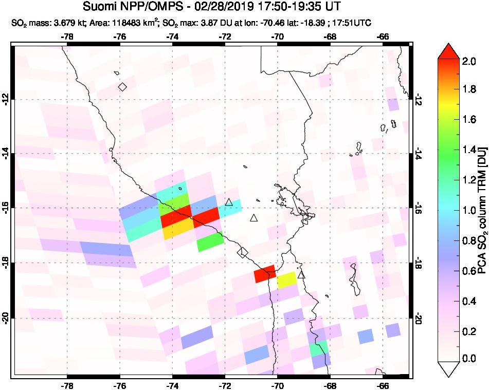 A sulfur dioxide image over Peru on Feb 28, 2019.