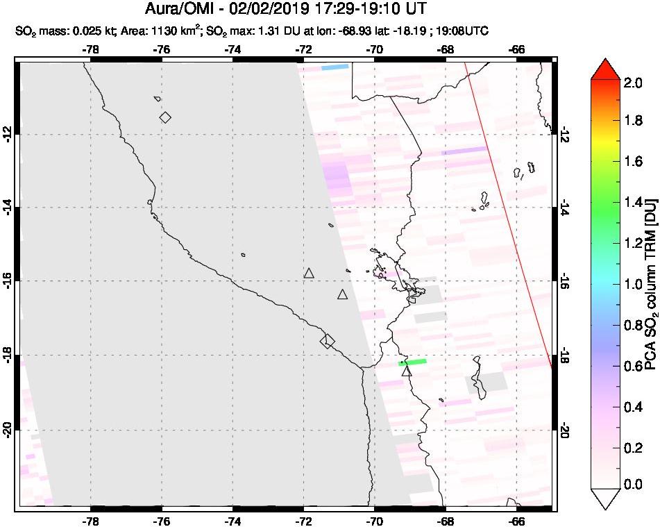 A sulfur dioxide image over Peru on Feb 02, 2019.