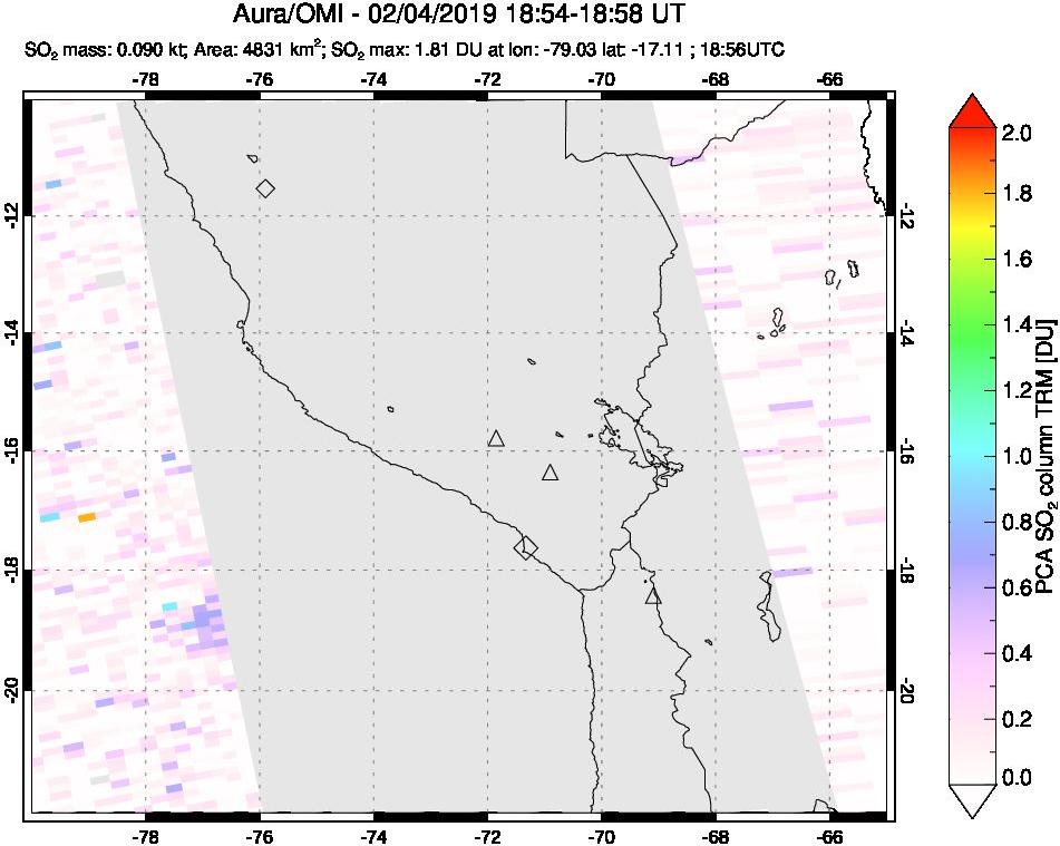 A sulfur dioxide image over Peru on Feb 04, 2019.