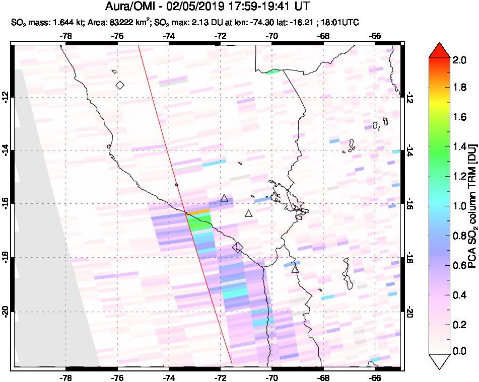 A sulfur dioxide image over Peru on Feb 05, 2019.