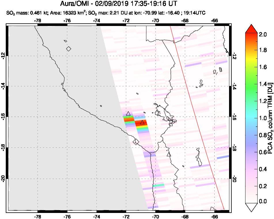 A sulfur dioxide image over Peru on Feb 09, 2019.