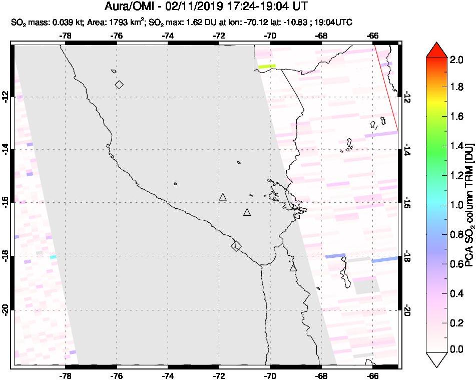 A sulfur dioxide image over Peru on Feb 11, 2019.