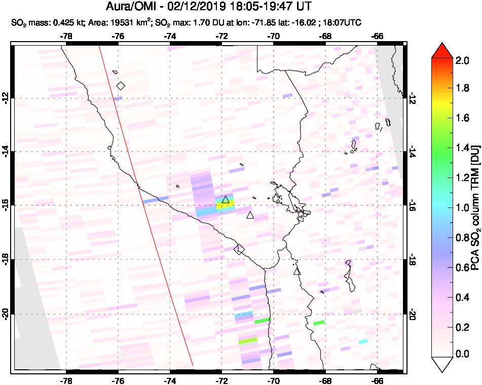 A sulfur dioxide image over Peru on Feb 12, 2019.