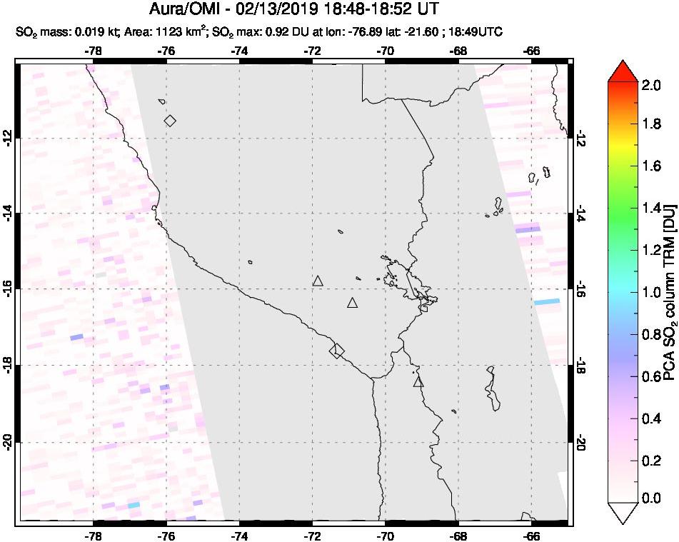 A sulfur dioxide image over Peru on Feb 13, 2019.