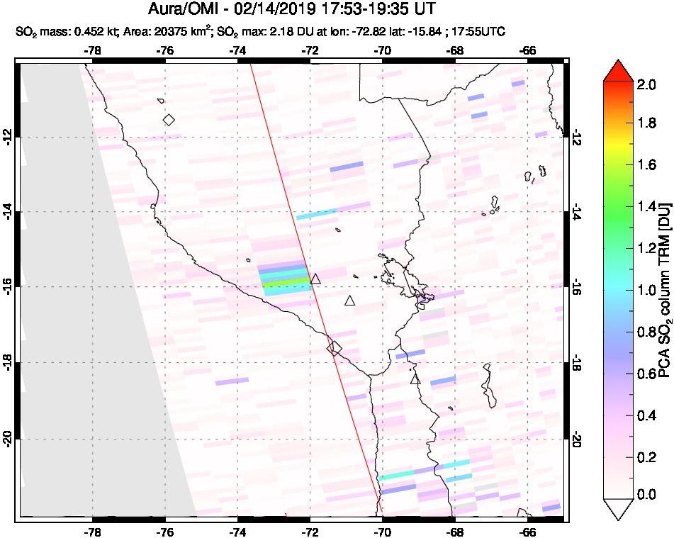 A sulfur dioxide image over Peru on Feb 14, 2019.
