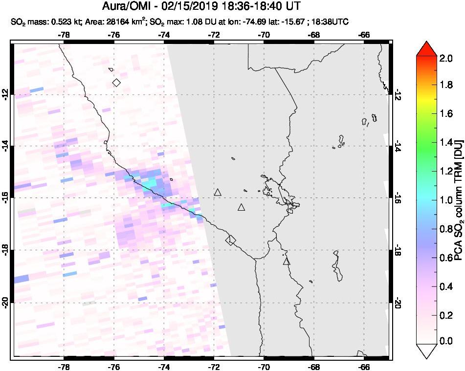 A sulfur dioxide image over Peru on Feb 15, 2019.
