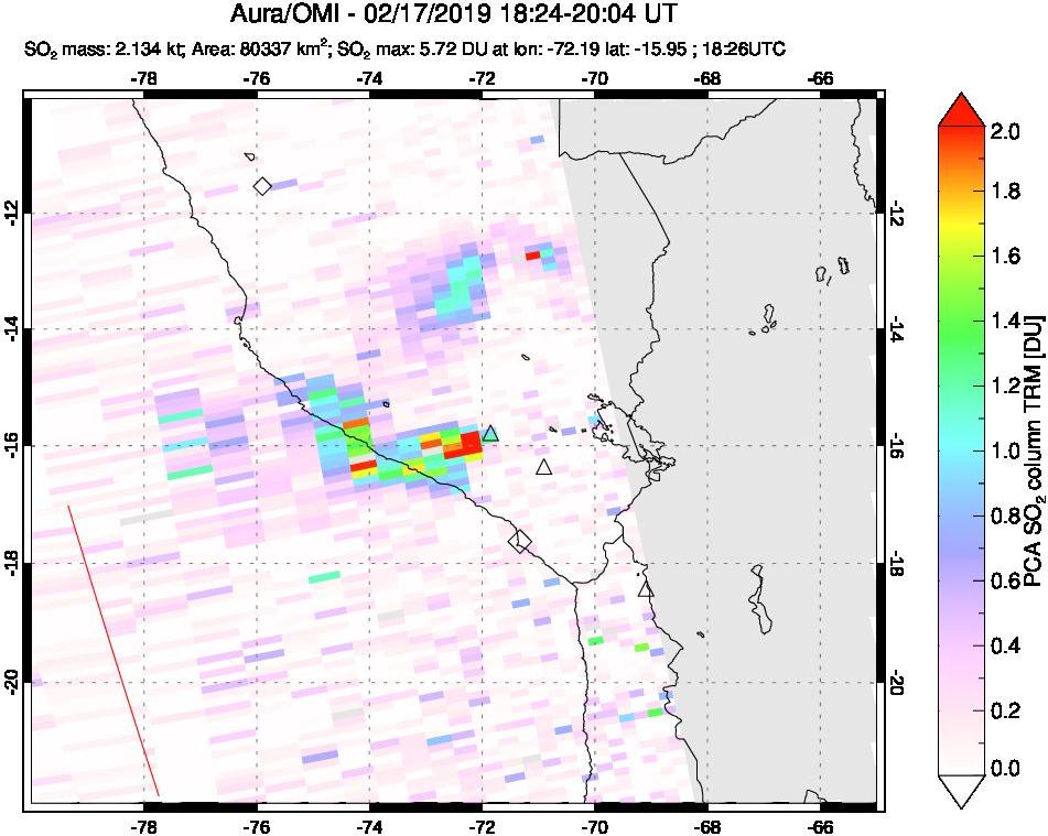 A sulfur dioxide image over Peru on Feb 17, 2019.