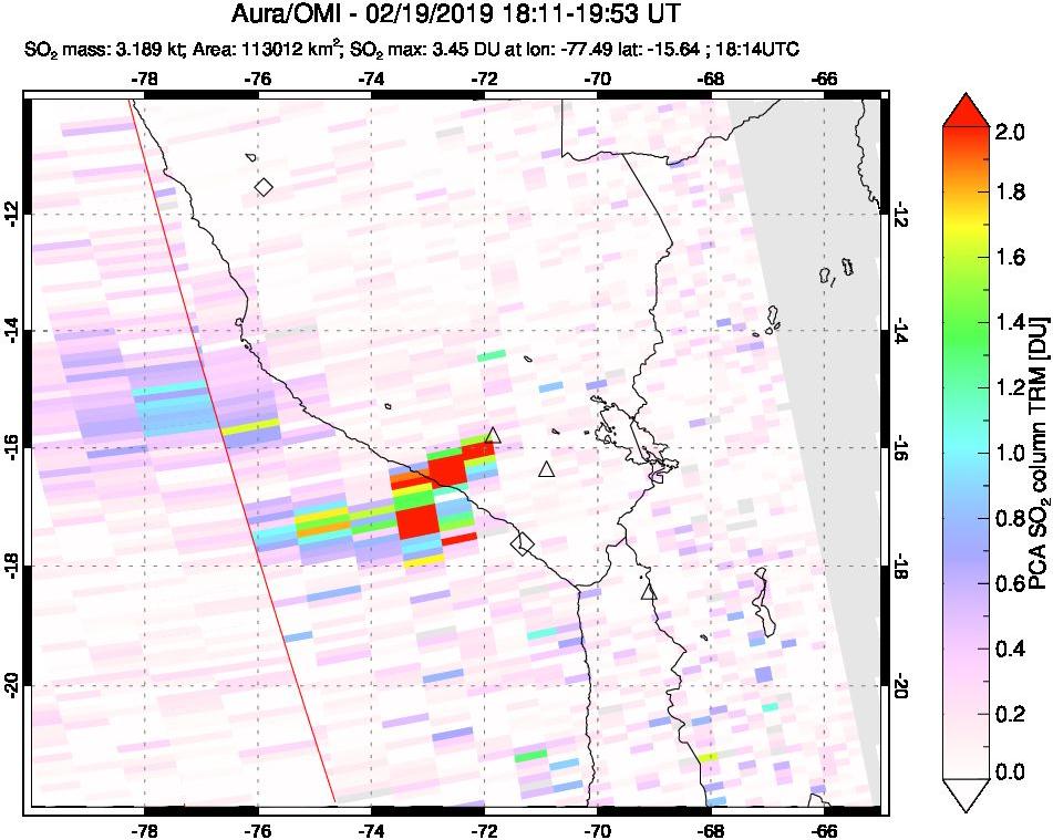 A sulfur dioxide image over Peru on Feb 19, 2019.