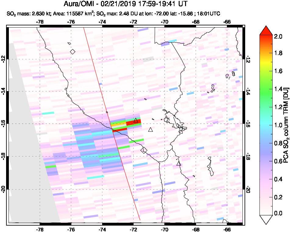 A sulfur dioxide image over Peru on Feb 21, 2019.