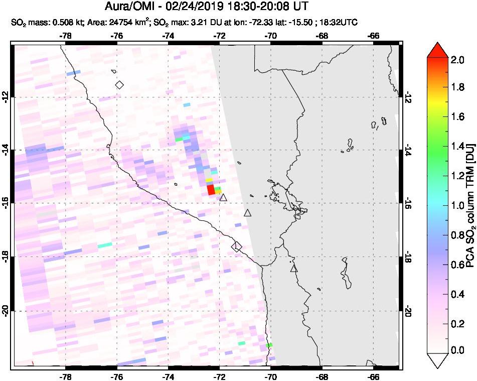 A sulfur dioxide image over Peru on Feb 24, 2019.