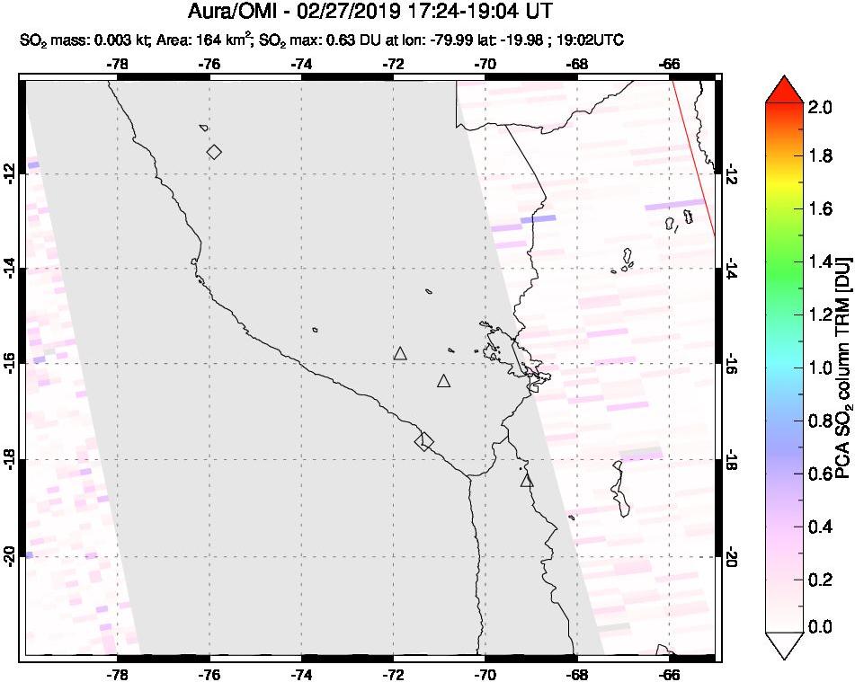 A sulfur dioxide image over Peru on Feb 27, 2019.