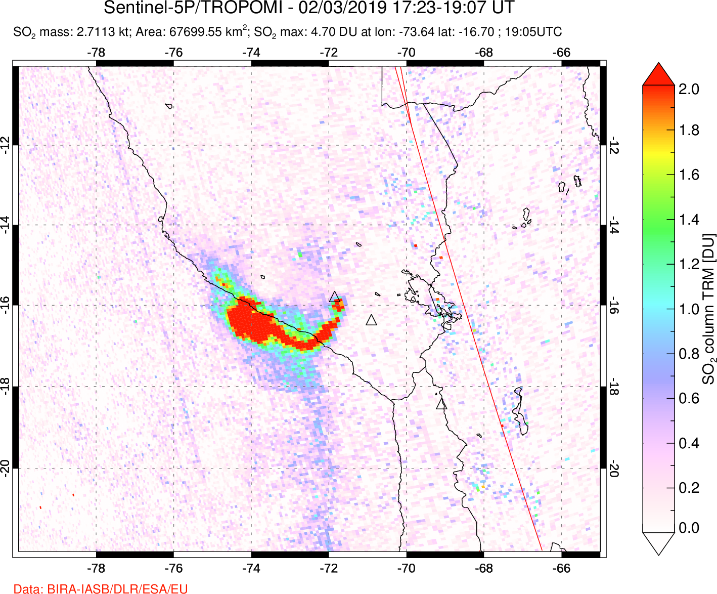 A sulfur dioxide image over Peru on Feb 03, 2019.
