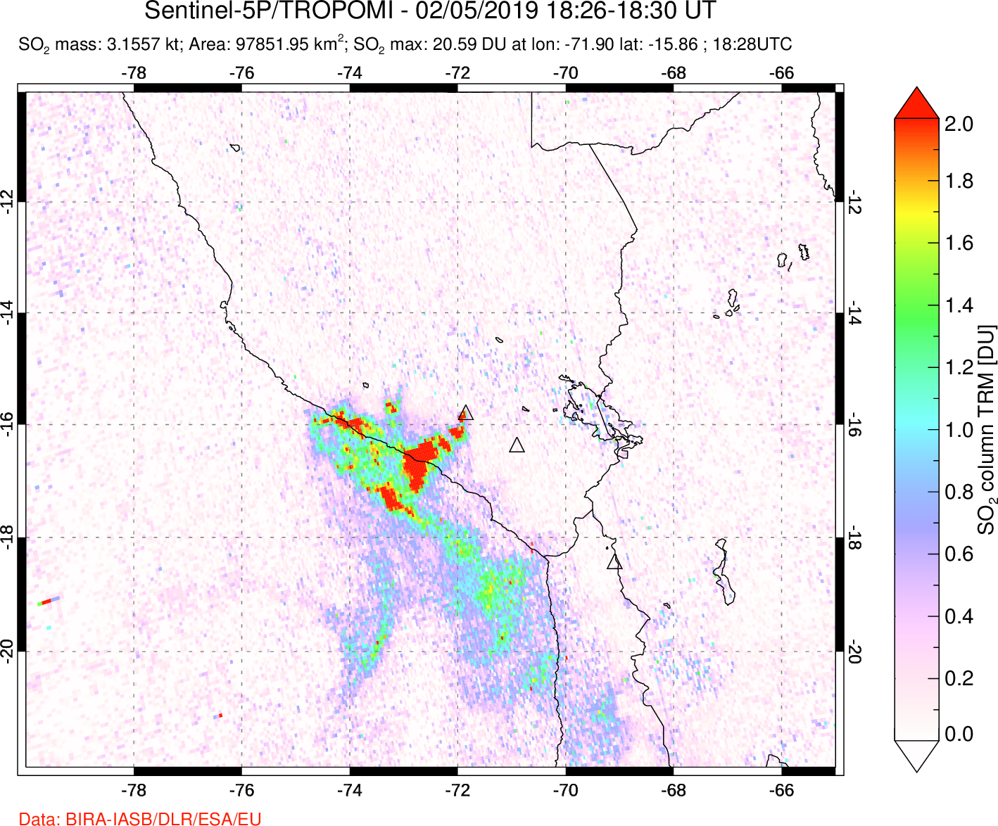 A sulfur dioxide image over Peru on Feb 05, 2019.