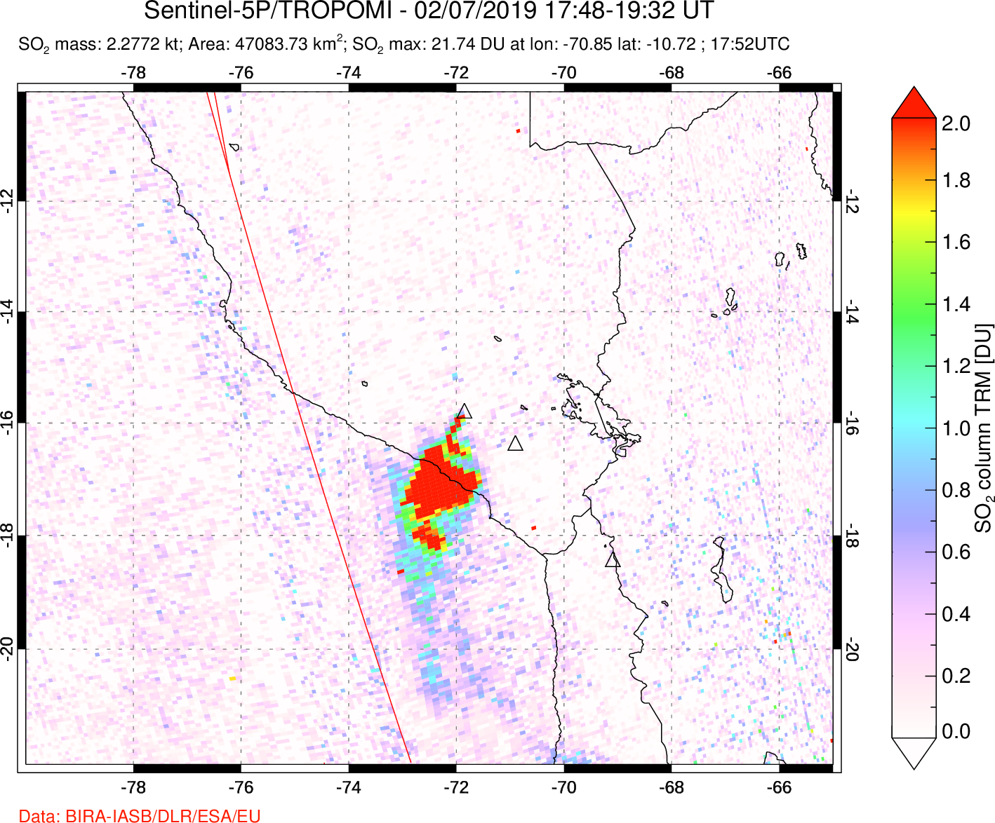 A sulfur dioxide image over Peru on Feb 07, 2019.