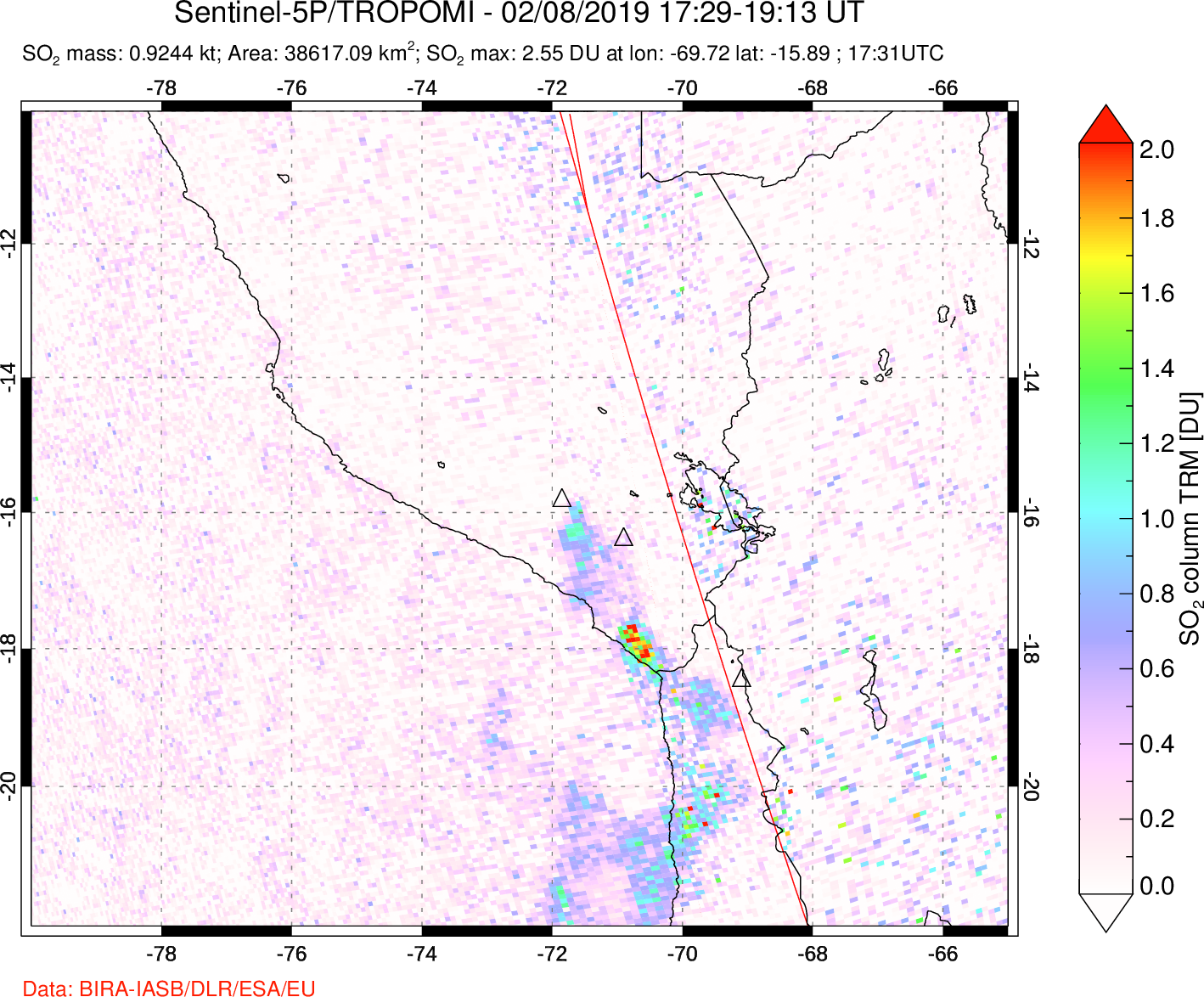 A sulfur dioxide image over Peru on Feb 08, 2019.