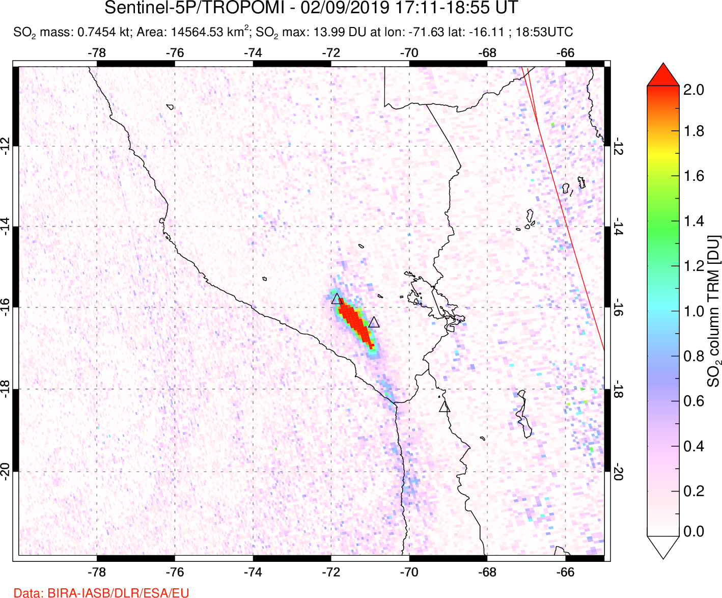 A sulfur dioxide image over Peru on Feb 09, 2019.