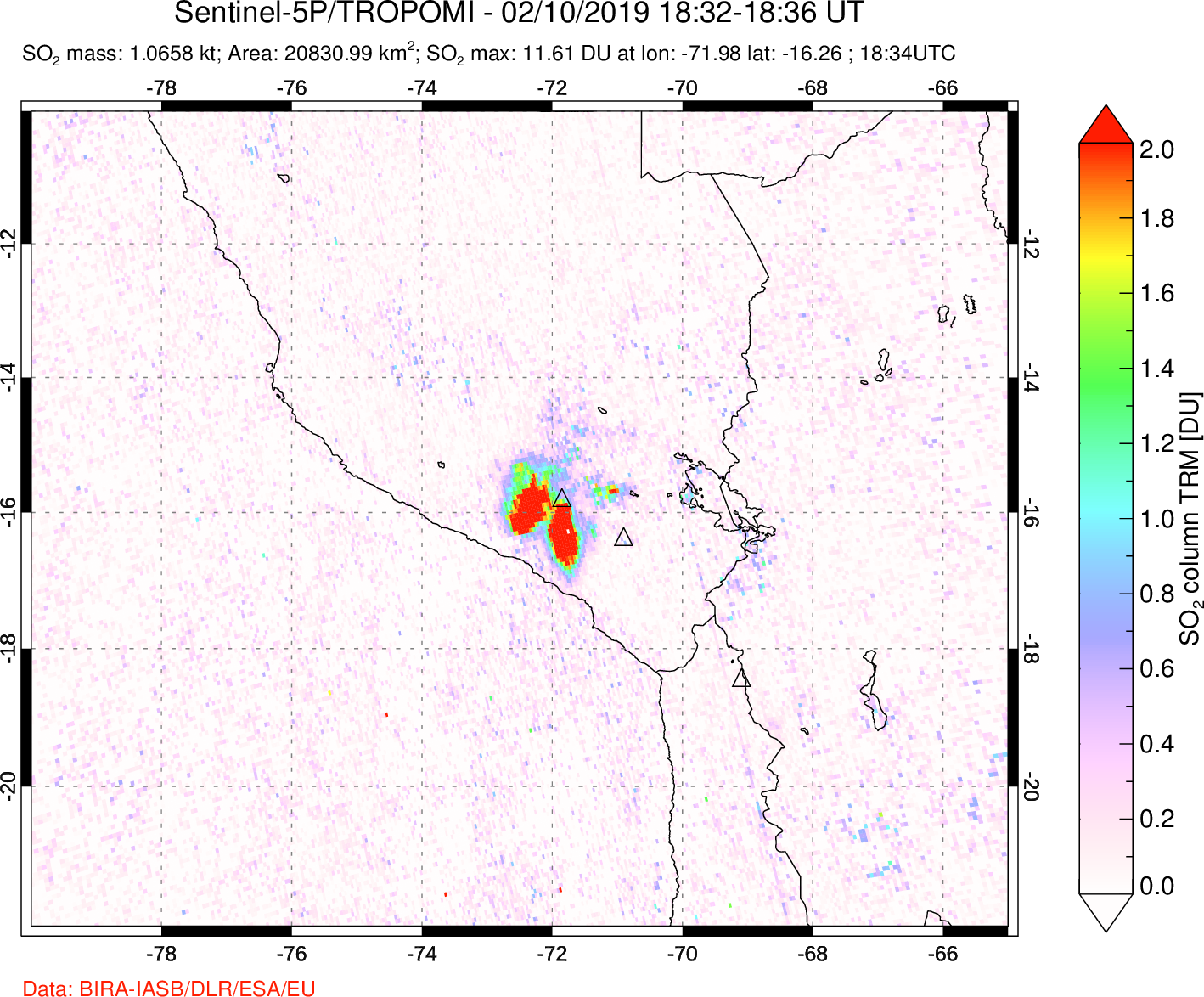 A sulfur dioxide image over Peru on Feb 10, 2019.