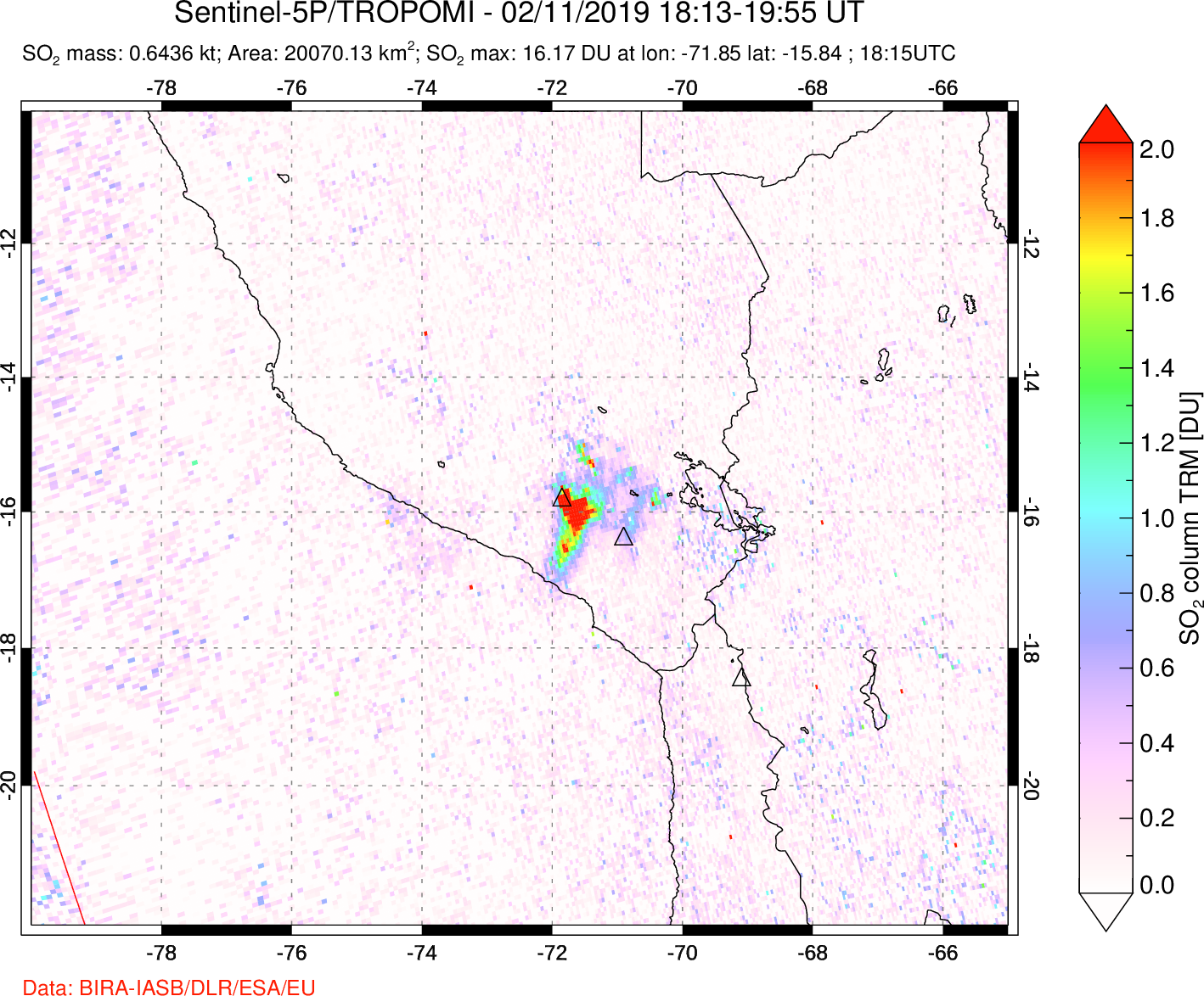 A sulfur dioxide image over Peru on Feb 11, 2019.