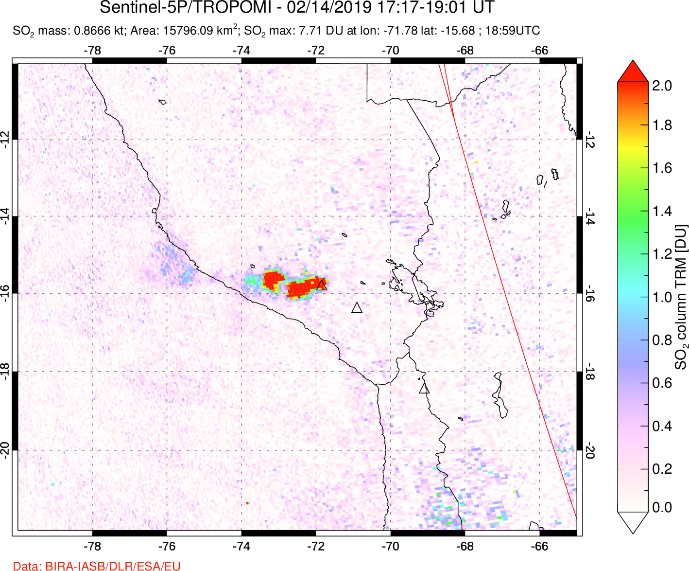 A sulfur dioxide image over Peru on Feb 14, 2019.