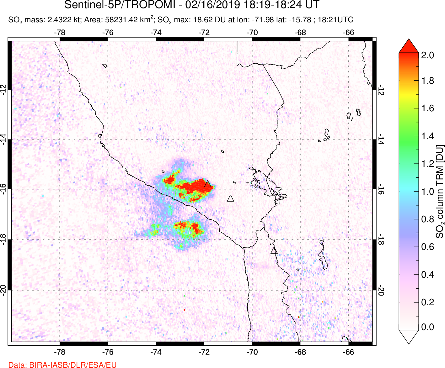 A sulfur dioxide image over Peru on Feb 16, 2019.