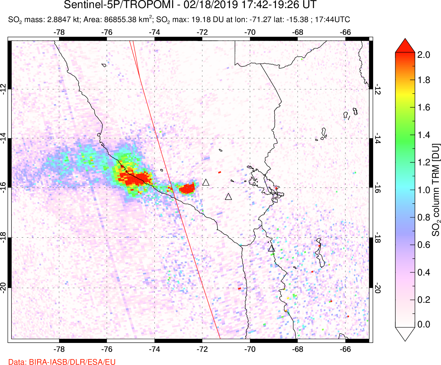 A sulfur dioxide image over Peru on Feb 18, 2019.