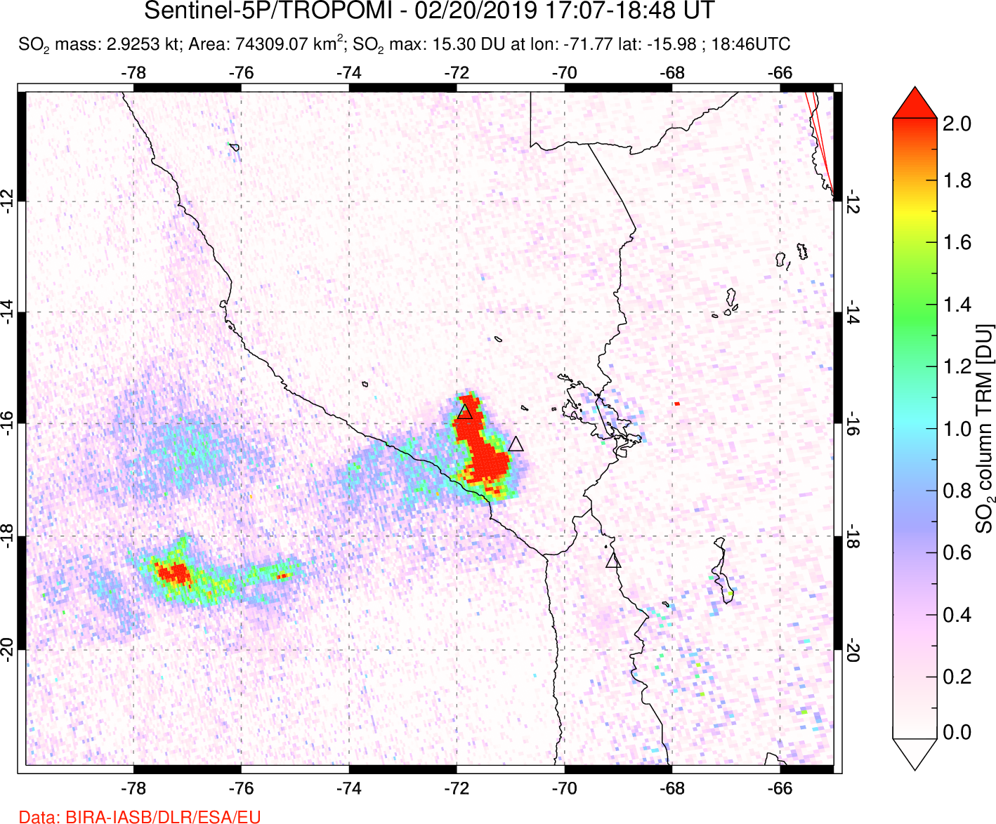 A sulfur dioxide image over Peru on Feb 20, 2019.