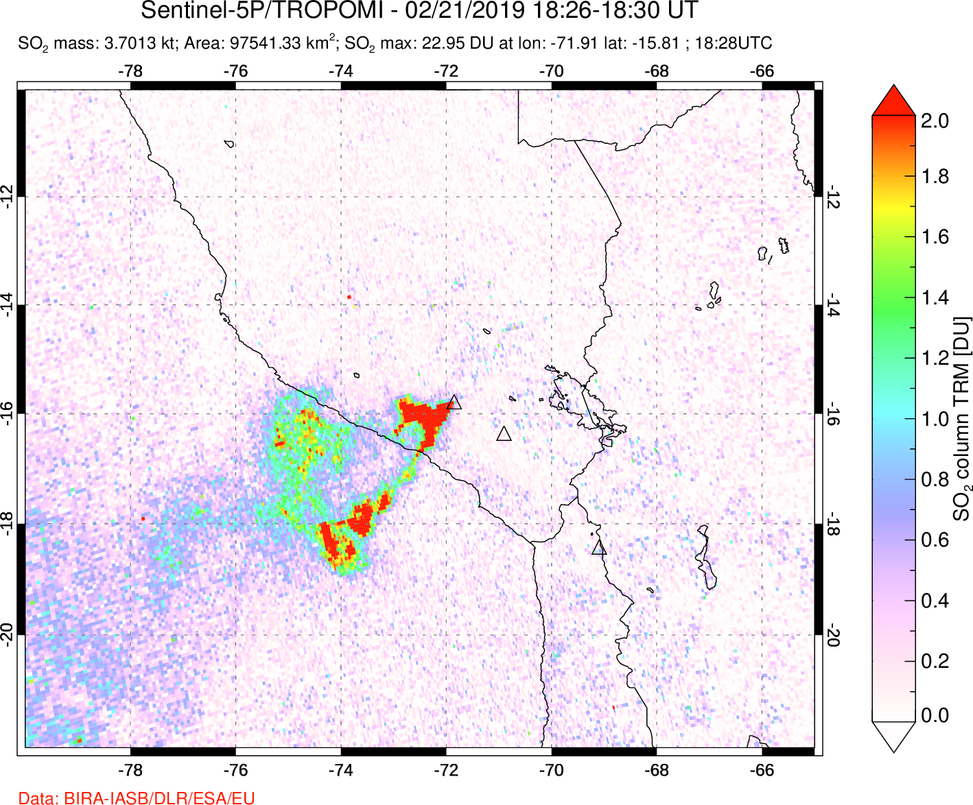 A sulfur dioxide image over Peru on Feb 21, 2019.