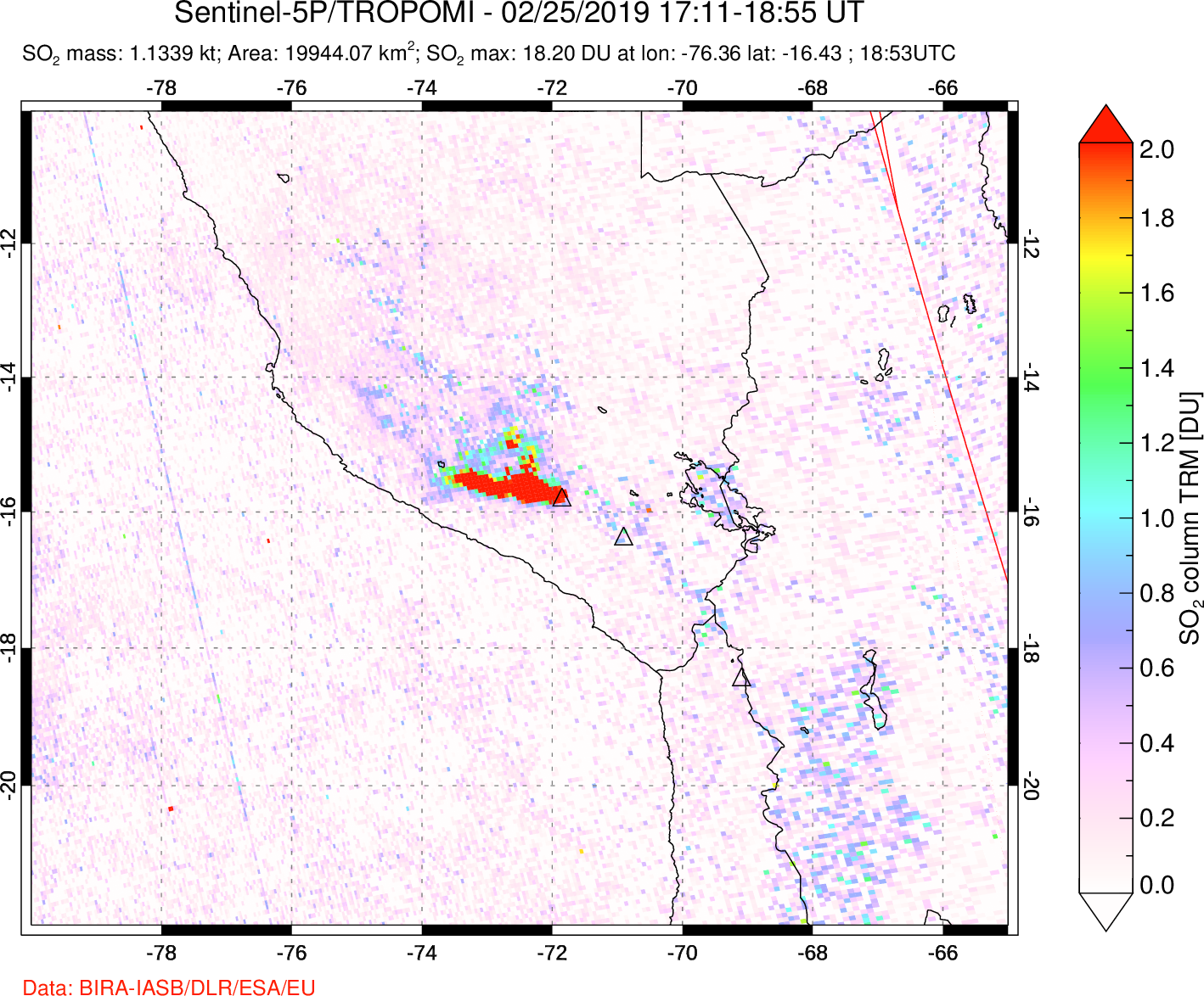 A sulfur dioxide image over Peru on Feb 25, 2019.