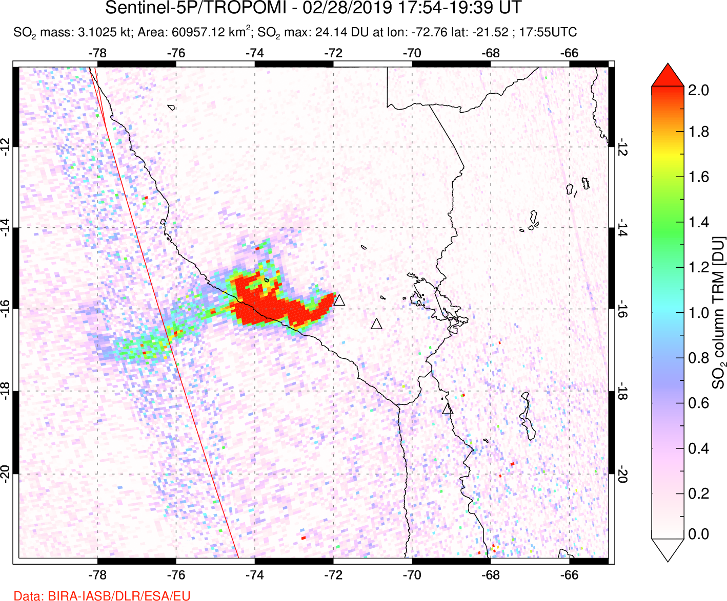 A sulfur dioxide image over Peru on Feb 28, 2019.