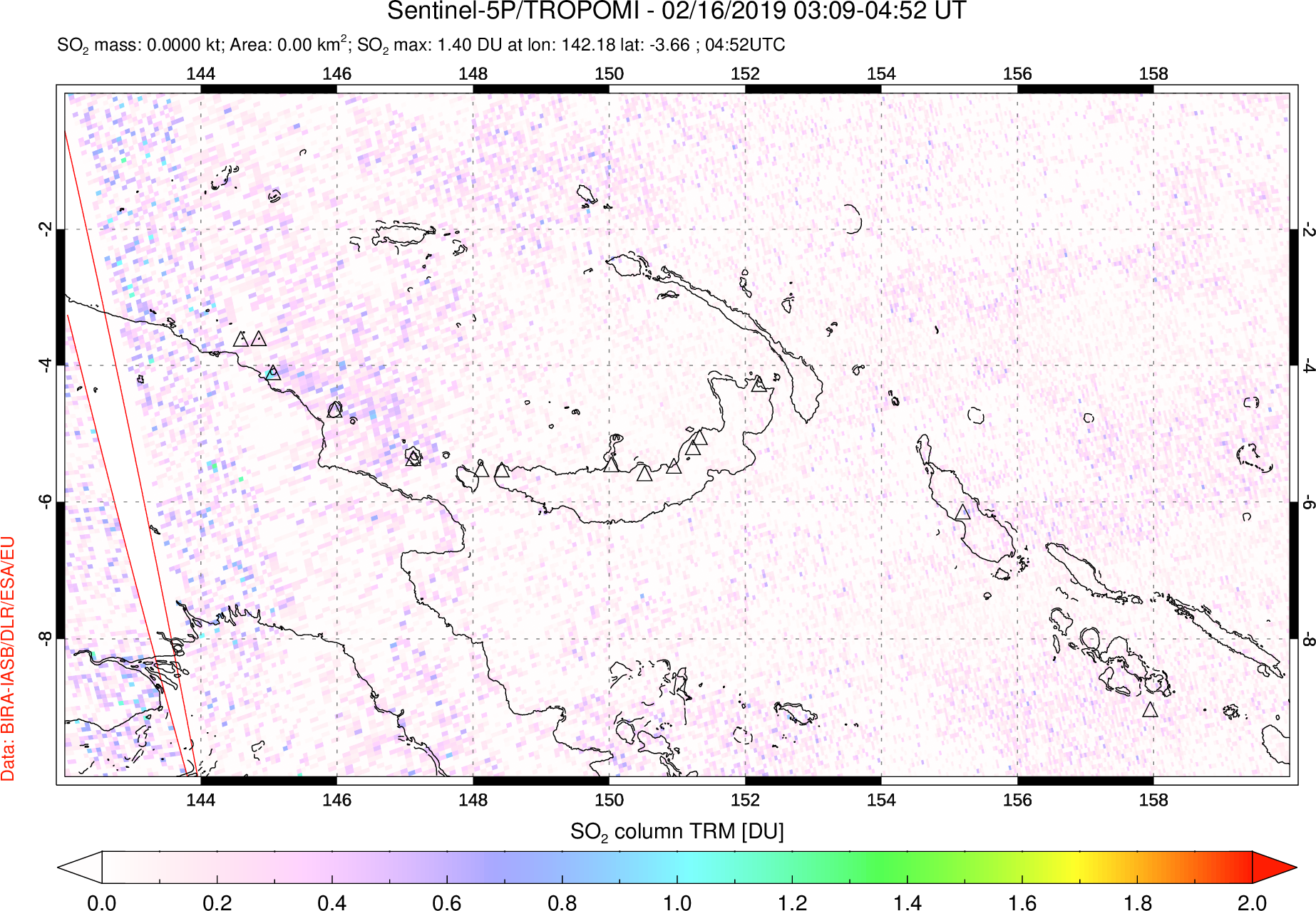A sulfur dioxide image over Papua, New Guinea on Feb 16, 2019.