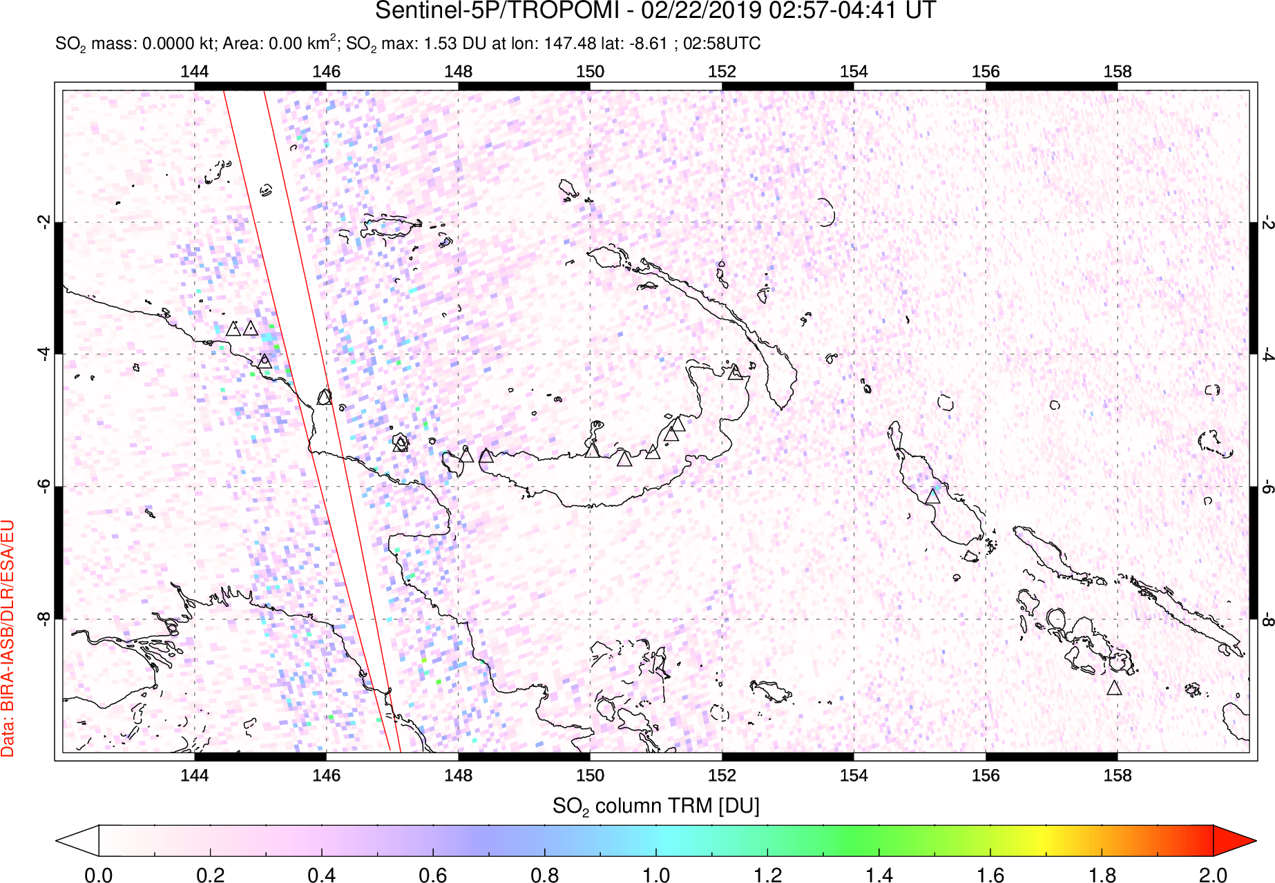A sulfur dioxide image over Papua, New Guinea on Feb 22, 2019.