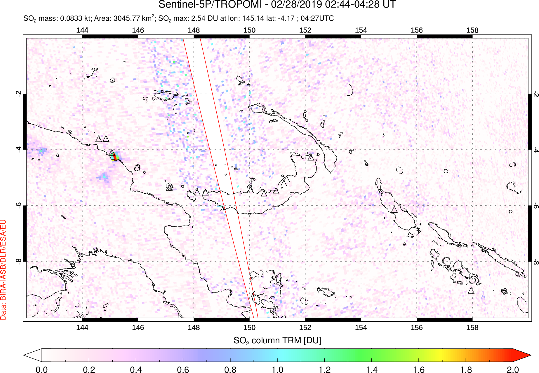 A sulfur dioxide image over Papua, New Guinea on Feb 28, 2019.