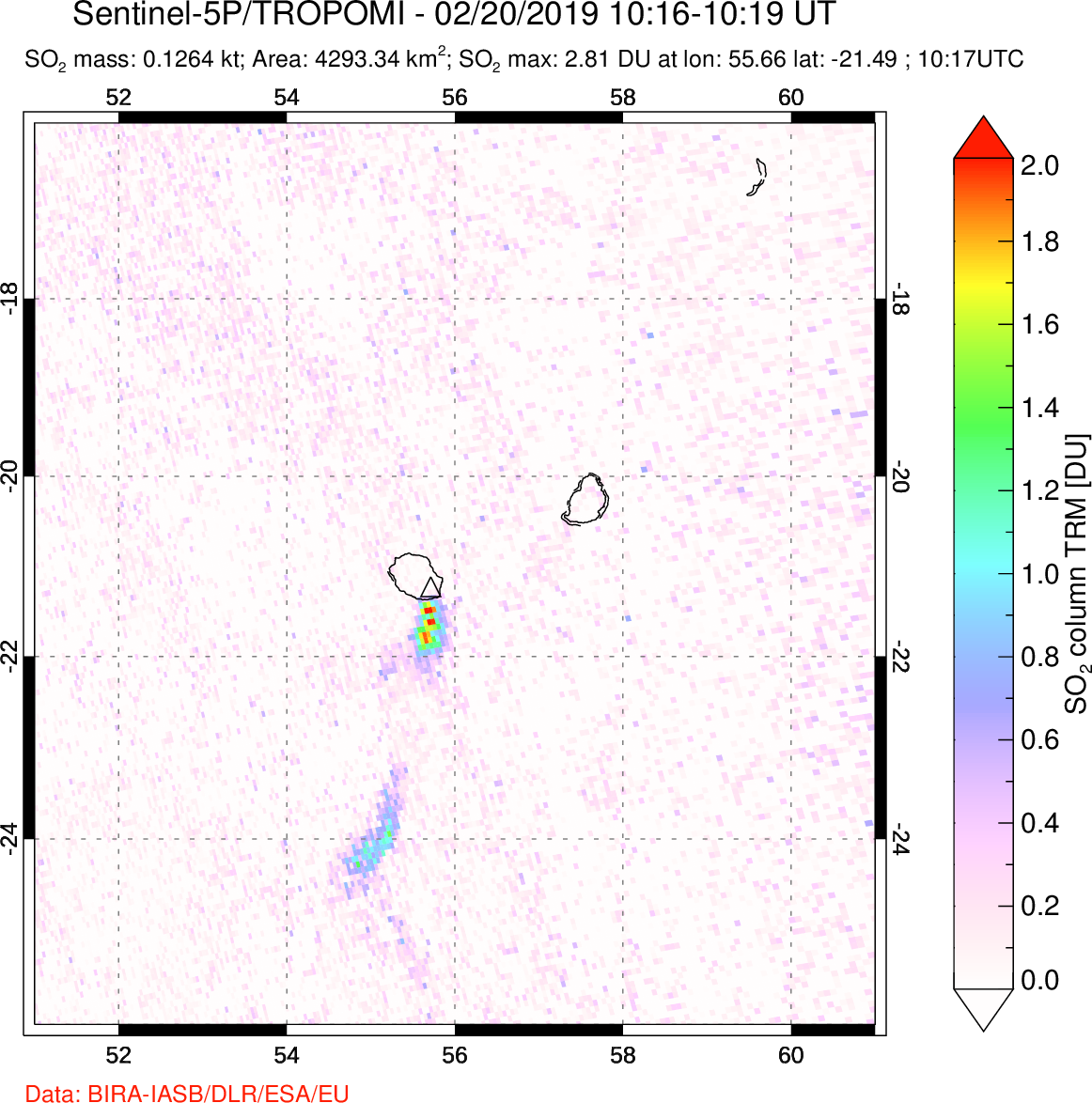 A sulfur dioxide image over Reunion Island, Indian Ocean on Feb 20, 2019.