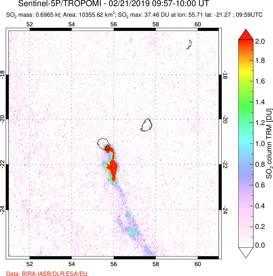 A sulfur dioxide image over Reunion Island, Indian Ocean on Feb 21, 2019.