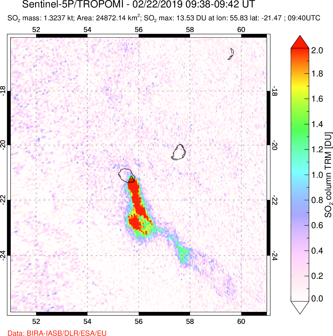 A sulfur dioxide image over Reunion Island, Indian Ocean on Feb 22, 2019.