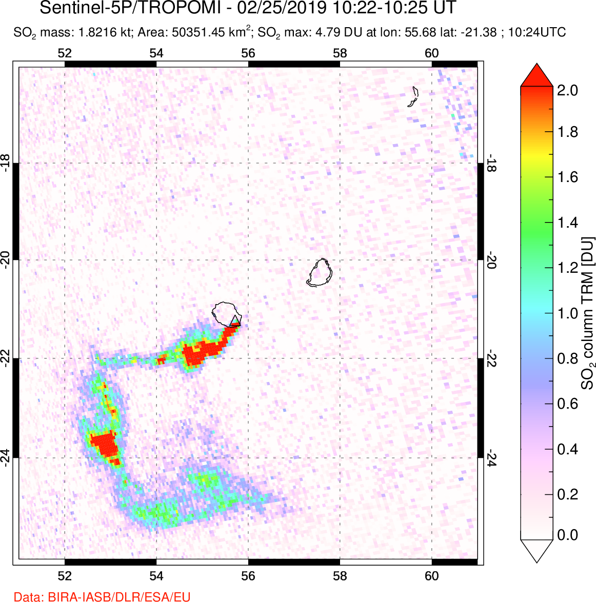 A sulfur dioxide image over Reunion Island, Indian Ocean on Feb 25, 2019.