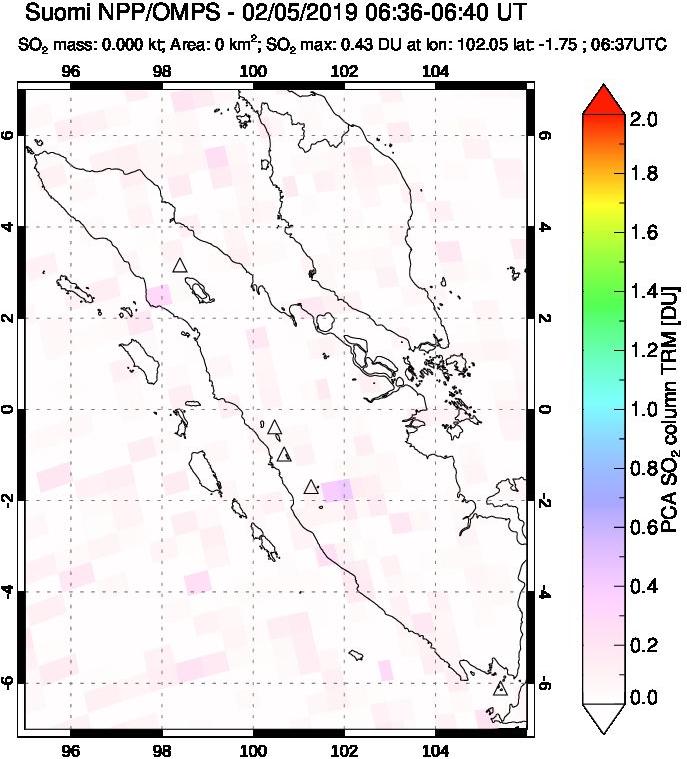 A sulfur dioxide image over Sumatra, Indonesia on Feb 05, 2019.