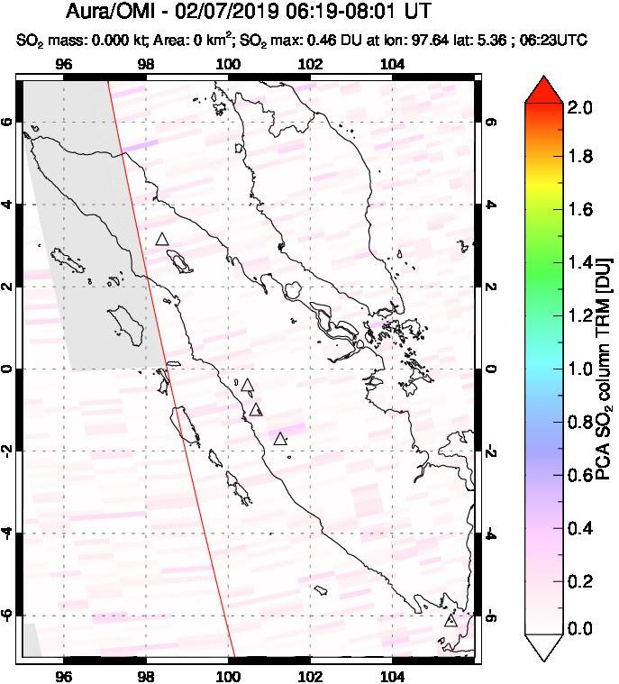 A sulfur dioxide image over Sumatra, Indonesia on Feb 07, 2019.